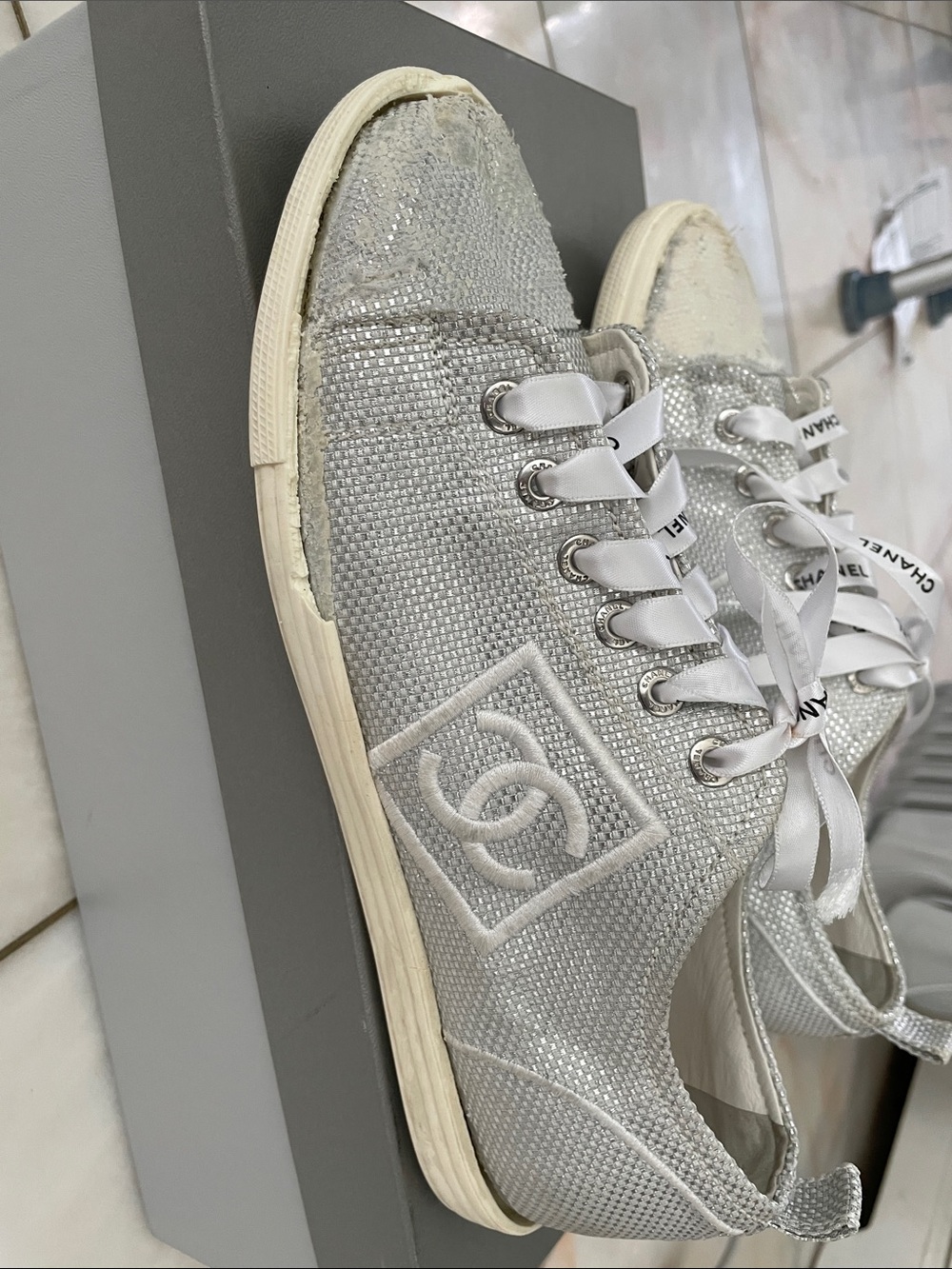 CHANEL Silver Crystal-Embellished Ribbon Lace Sneakers - Picture 2 of 5